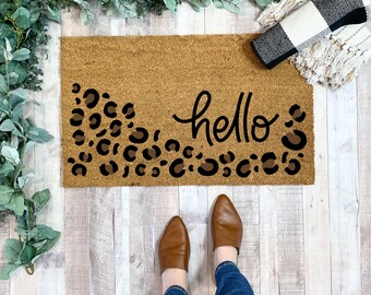Hello Leopard Print Coir Doormat, Modern Animal Print Welcome Mat