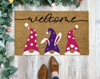 Easter Gnome Door Mat, Bunny Ear Doormat Large, Spring Doormat, Doormat Layering Rug, Spring Porch Decor, Pink Doormat