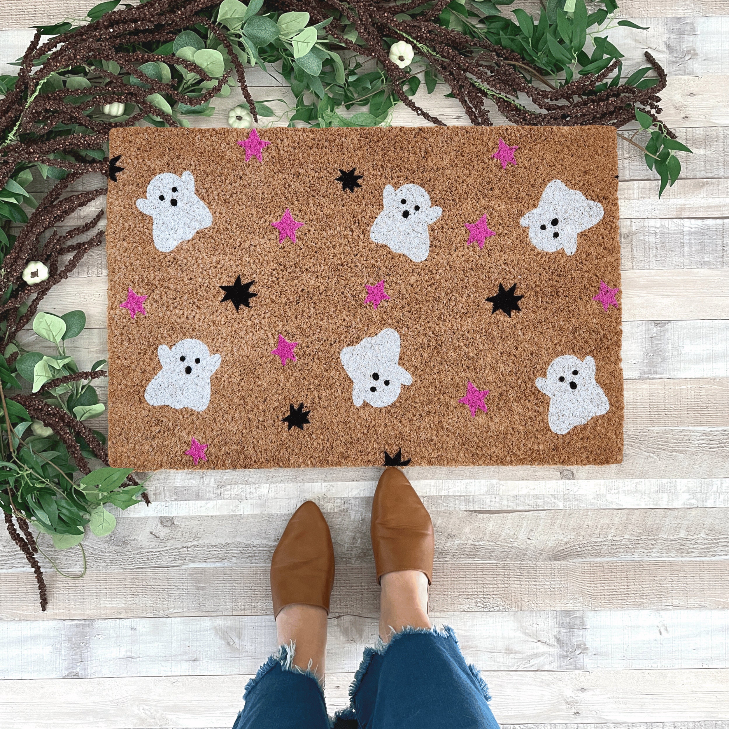 Discover Pink Halloween Front Doormat, Ghost Welcome Mat