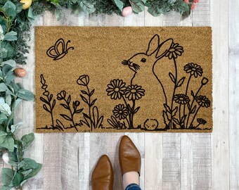 Easter Bunny Doormat, Spring Welcome Mat, Large Floral Doormat for Spring, Easter Door Decor, Outdoor Entryway Rug