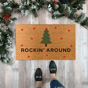 Christmas Tree Doormat, Rockin Around Doormat Outdoor, Christmas Doormat, Holiday Welcome Mat, Christmas Door Decor for porch, Cute Doormat