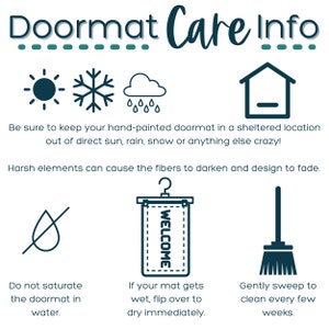 May include: Doormat care instructions with illustrations. Keep the doormat in a sheltered location out of direct sun, rain, snow, or harsh elements. Do not saturate the doormat with water. If the doormat gets wet, flip it over to dry immediately. Gently sweep the doormat to clean it every few weeks.