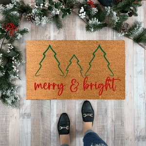 Christmas Tree Doormat, Merry and Bright Doormat, Christmas Doormat Outdoor, Winter Rug, Holiday Welcome Mat, Christmas Door Decor for porch