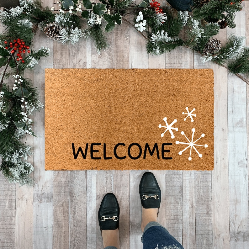 Winter Doormat, Christmas Doormat, Patio Decor, Holiday Door Mat, Holiday Decor, Snowflake Door Decor, Gift for Mom, Doormat for Front Porch image 1