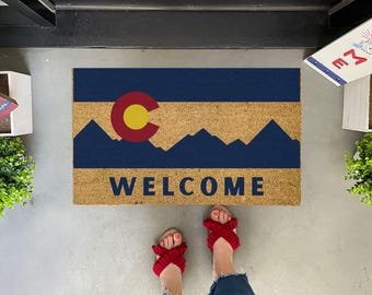 Colorado Flag Coir Doormat with Mountain Design, State Welcome Mat available in 3 sizes