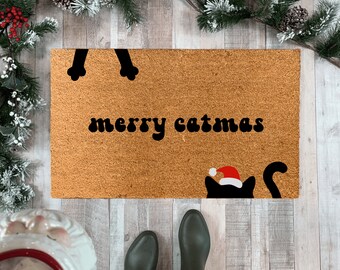 Funny Christmas Doormat, Merry Catmas Doormat, Cat Doormats funny, Welcome mat funny, Black Cat Doormat, Front Porch Rug, Doormat cute