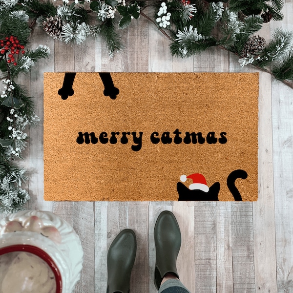 Funny Christmas Doormat, Merry Catmas Doormat, Cat Doormats funny, Welcome mat funny, Black Cat Doormat, Front Porch Rug, Doormat cute