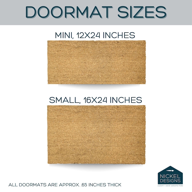 May include: Two doormats, one labelled "MINI, 12x24 INCHES" and the other labelled "SMALL, 16x24 INCHES". Both doormats are made of a brown coir material. The text "ALL DOORMATS ARE APPROX. .65 INCHES THICK" is at the bottom of the image. The Nickel Designs logo is in the bottom right corner.