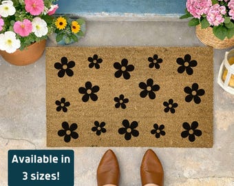 Black Daisy Pattern Coir Doormat, Floral Welcome Mat, Daisy Pattern Doormat, Summer Front Door Decor, Spring Porch Decor