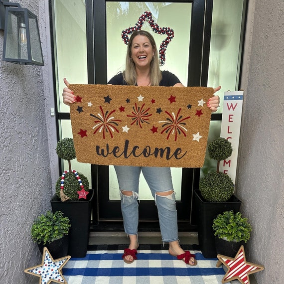 Fireworks Doormat Summer, Front Door Mat for Fourth of July, Summer Porch Decor, Red White Blue Decor, Patriotic Doormat, Summer Door Decor