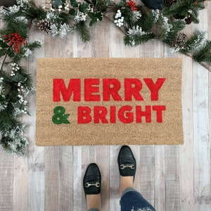 Merry & Bright doormat, Christmas welcome mat, Christmas Doormat, Christmas Porch Decor, Red and Green Holiday Doormat, Christmas Rug, Coir