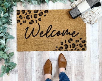 Cheetah Print Welcome Doormat, Leopard Print Doormat, Boho Entry Rug, Housewarming Gift, Animal Print Porch Decor, Coir Outdoor Mat Large