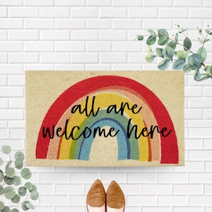 All Are Welcome Here Doormat – Rainbow Pride Welcome Mat, LGBTQ+ Porch Decor, Rainbow Door Mat Inclusive, Pride Month Decor for Front Porch
