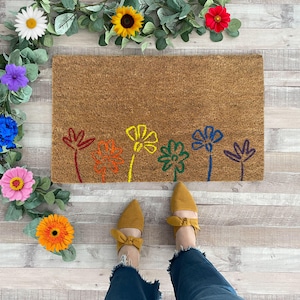 Rainbow Flower Pride Doormat, LGBTQIA+ Inclusive Welcome Mat, Abstract Floral Design, Colorful Porch Decor for Pride Month, Queer Home Decor