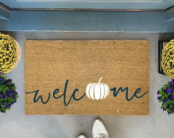 White Pumpkin Doormat, Navy Fall Decor, Fall Doormat for front porch, Fall Porch Decor, Blue Thanksgiving Doormat, White Pumpkin Decor Porch
