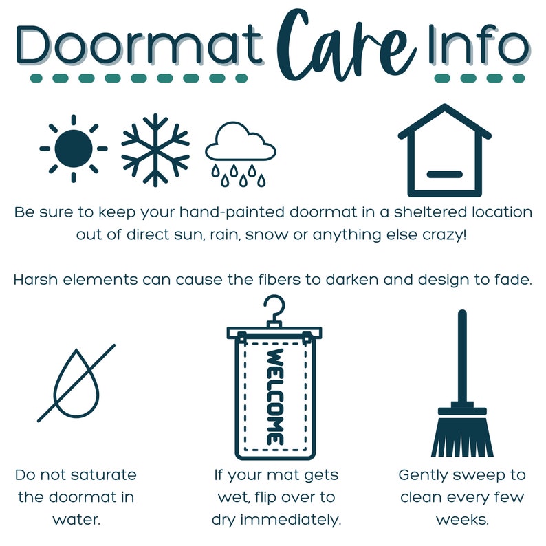 Puede incluir: Instrucciones de cuidado para la alfombra de entrada con ilustraciones.  Mantenga la alfombra de entrada en un lugar protegido de la luz solar directa, la lluvia, la nieve o los elementos agresivos.  No sature la alfombra de entrada con agua.  Si la alfombra de entrada se moja, volt&eacute;ela para que se seque inmediatamente.  Barre suavemente la alfombra de entrada para limpiarla cada pocas semanas.