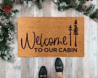 Cabin doormat, Outdoor Doormat, welcome to our cabin, Cabin decor rustic, Mountain doormat trees, Cabin welcome mat, Rusic Decor for porch