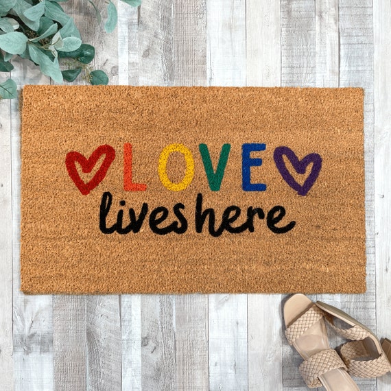 Love Lives Here Doormat, Pride Welcome Mat for Front Door, LGBTQIA LGBTQ  Decor, LGBT Home Decor, Coming Out Gift, Lesbian Wedding Gift, Gay 
