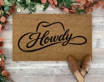 Howdy Cowboy Hat Doormat, Western Welcome Mat, Rustic Porch Decor