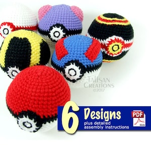 May include: Six crocheted Poke Balls in different colors, including red, blue, yellow, white, purple, and black. The Poke Balls are arranged in a semi-circle on a white background. The text "6 Designs" and "plus detailed assembly instructions" is visible below the Poke Balls.