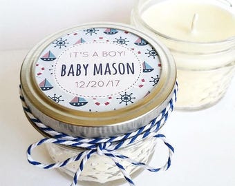 Baby Shower Favor Candles | Nautical Baby Shower Candle Favors in 4 oz Mason Jars | Custom Baby Shower Favors | Ahoy it's a Boy Sailboat