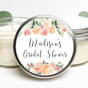 Custom Peach Floral Soy Candle Favors: Wedding, Bridal, and Baby Shower Gifts