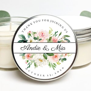 Custom Blush Floral Soy Candle Wedding Favors in Mini Mason Jars | Personalized Candles for Bridal Shower, Wedding, and Bachelorette Party