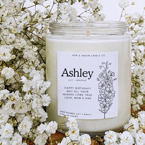 July Birth Month Flower Candle with Custom Name Text | Personalized Birthday Gift for Her | Floral Scented Soy Candle | July Gift for Women