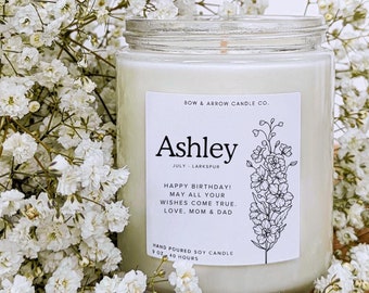 July Birth Month Flower Candle with Custom Name Text | Personalized Birthday Gift for Her | Floral Scented Soy Candle | July Gift for Women