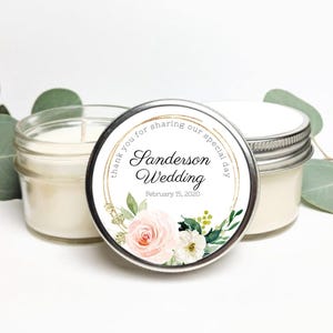Bulk Soy Candle Favors | Customized Candles for Wedding Guest Gifts | Personalized Soy Candle Wedding Favors | Blush Gold Floral Wedding