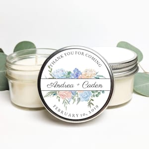Bulk Set of Custom Wedding Favor Candles | Dusty Rose and Light Blue Floral Personalized Wedding Favor Soy Candles for Guest Gifts