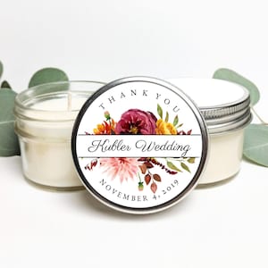 Bulk Set of Custom Wedding Favor Candles | Autumn Burgundy Orange Floral Mason Jar Wedding and Shower Favors | Wedding Gifts for Guests