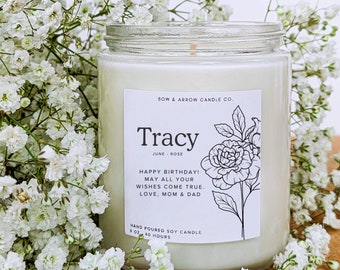 Juni Geburtsmonat Blumenkerze mit personalisiertem Namen und Text | Geburtstagsgeschenk für Freundin | Individuelles Geschenk für Sie | Juni Geburtstagskerze