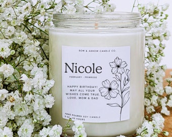February Birth Month Flower Candle with Personalized Name and Text | Birthday Gift for Girl Friend | Custom Gift for Her | February Birthday