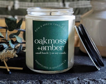 Soy Candle Oakmoss & Amber Scented | 7 oz Container Candle | Masculine Candle | Scented Soy Candle | Gift Idea for Him | Father's Day Gift