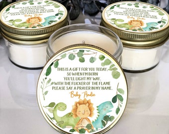 Bulk Baby Shower Favors | Prayer Candle | Dinosaur Baby Shower | Custom Gift for Guests | Personalized Soy Candle Baby Shower Favor