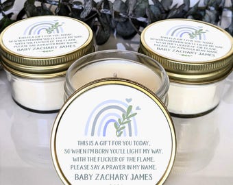Bulk Baby Shower Favors | Bohemian Baby Shower | Blue Rainbow Baby | Prayer Candle | Soy Candle Mason Jar Favor | Custom Baby Shower Gift