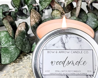 4 oz Natural Soy Candle Woodsmoke Scented | 4 oz Tin Candle | Campfire Candle | Smoke Scented Candle | Soy Candle | Masculine Candle