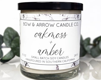 Soy Candle Oakmoss & Amber Scented | 10 oz Candle Jar | Masculine Candle | Soy Wax Candle | Man Candle | Eco Friendly Gift | Gifts Under 20