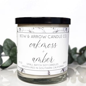 Soy Candle Oakmoss & Amber Scented | 10 oz Candle Jar | Masculine Candle | Soy Wax Candle | Man Candle | Eco Friendly Gift | Gifts Under 20