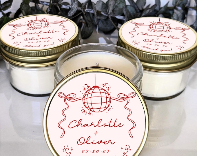 Customized Wedding Favor Candles | Personalized Candle Favors for Bridal Shower | Hand Drawn Whimsical Label | Disco Ball Candle Favors