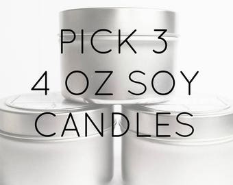 Pick Three 4 oz. Soy Candle Tins | Bulk Soy Candles | Scented Soy Candles | Wedding Favors | Candle Gift Set | Gift Idea | Soy Candles