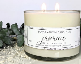 Vela de soja natural de 15 oz con aroma a jazmín / Vela de doble mecha de 15 oz / Vela ecológica de jazmín / Vela perfumada / Idea de regalo con velas florales
