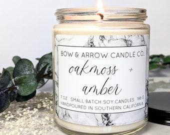 Natural Soy Candle Oakmoss & Amber Scented | 7 oz Jar Candle | Masculine Candle | Amber Candle | Scented Soy Candle | Gift Idea for Him