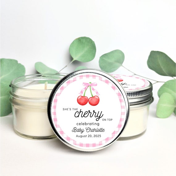 Cherry Baby Shower Candle Favors | Customized Cherry on Top Theme Soy Candles for Baby Shower | Personalized Candle for Shower Guest Gift