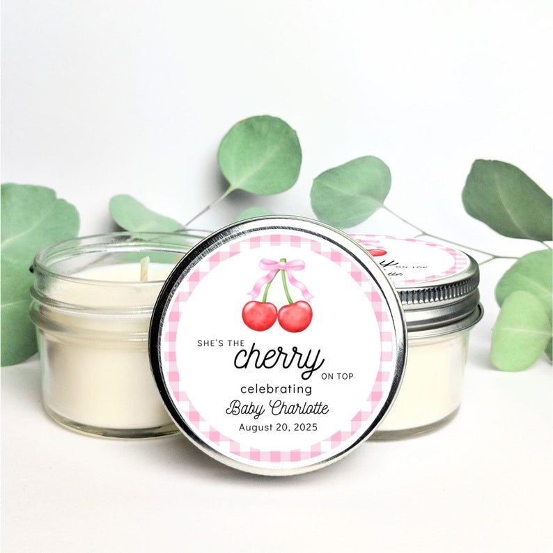 customizable cherry themed labels for baby shower candles