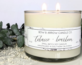 15 oz Natural Soy Candle Tobacco Bourbon Scented | 15 oz Double Wick Candle | Soy Candle | Tobacco Scented Candle | Eco-Friendly Candle Gift