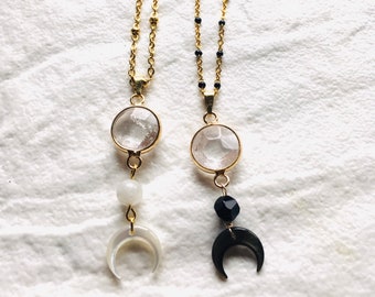 Long necklace stainless steel golden chain with crystal quartz and half moon crescent pendant in mother of pearl | Gypsy witch jewelry