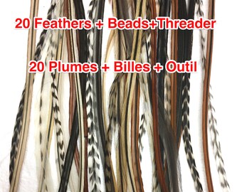 20 Premium Feather extensions Kit of all natural colours mix, reusable bulk hair feathers, beads + threader + quick instruction