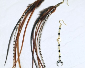 FEATHER earrings 6' or 8' / Warm natural colors / Wide + thin feathers mixed /Hypoallergenic earring hook /Boho chic style feather earrings